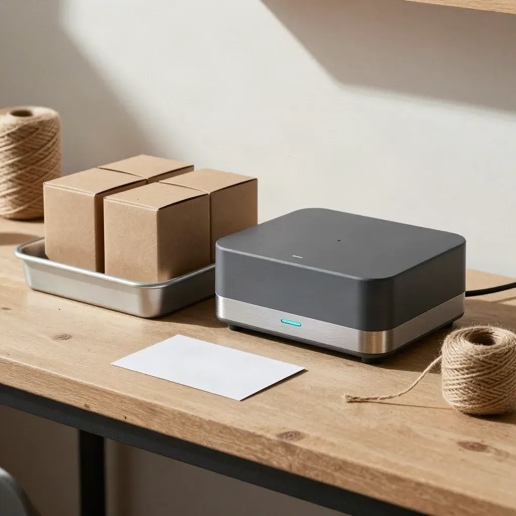 Supplier sync hub with cartons, twine and tray on a worn packing bench in soft light.