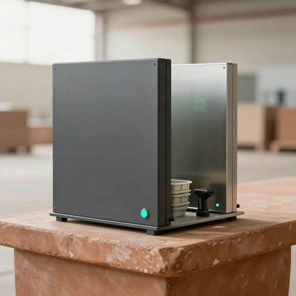 Two warehouse control screens with scanner and crate markers on a terracotta plinth.