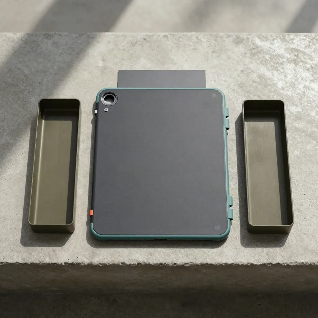 Overhead flatlay of a rugged pick-pack board tablet, tote markers, and a metal sorting tray.