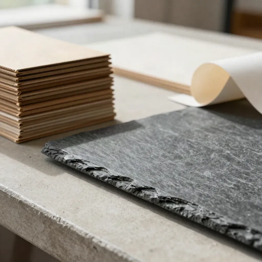 Macro slate lead-times slab beside kraft cartons and a rolled paper strip.