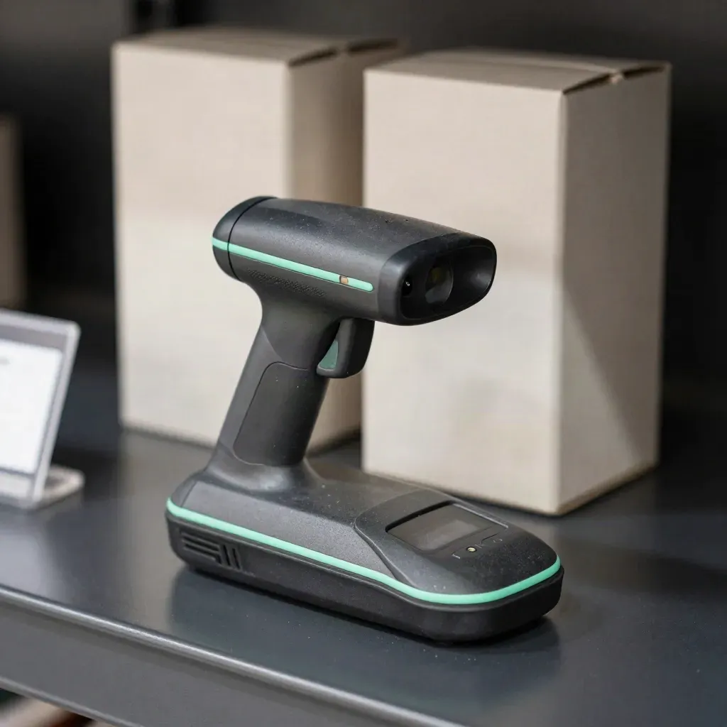 Barcode scanner in cradle beside cartons, low dramatic warehouse product shot.