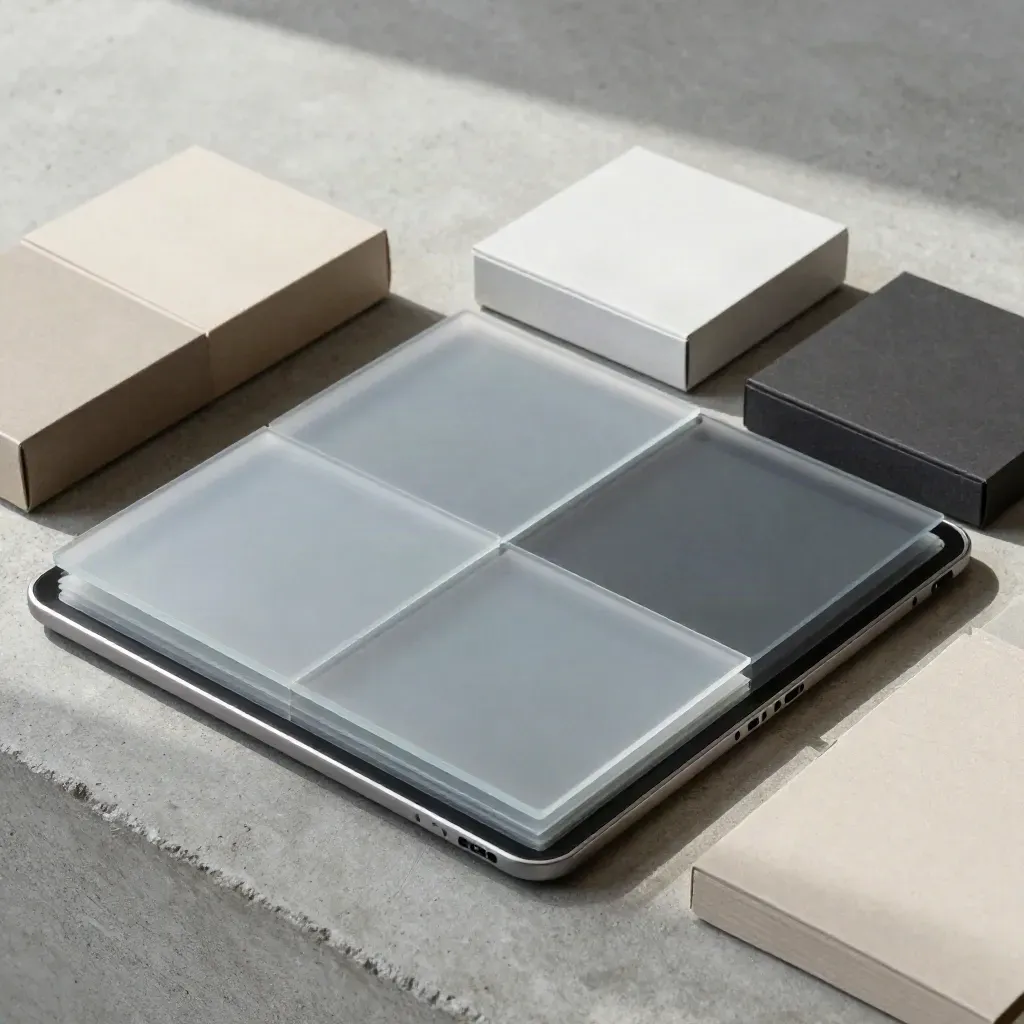 Overhead flatlay of a forecast planner tablet, divider cards, and neutral sample boxes on concrete.